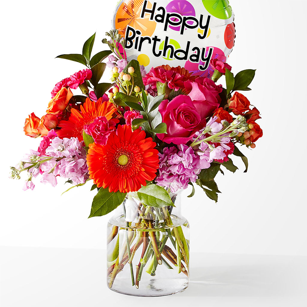 Fiesta Bouquet with Birthday Balloon – Jazmin Flowers, Chicago IL