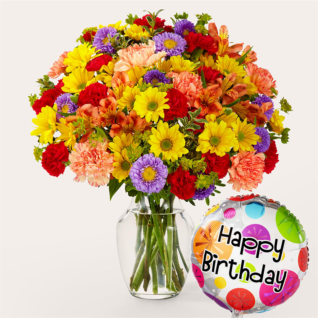 Kaleidoscope Bouquet with Birthday Balloon – Jazmin Flowers, Chicago IL