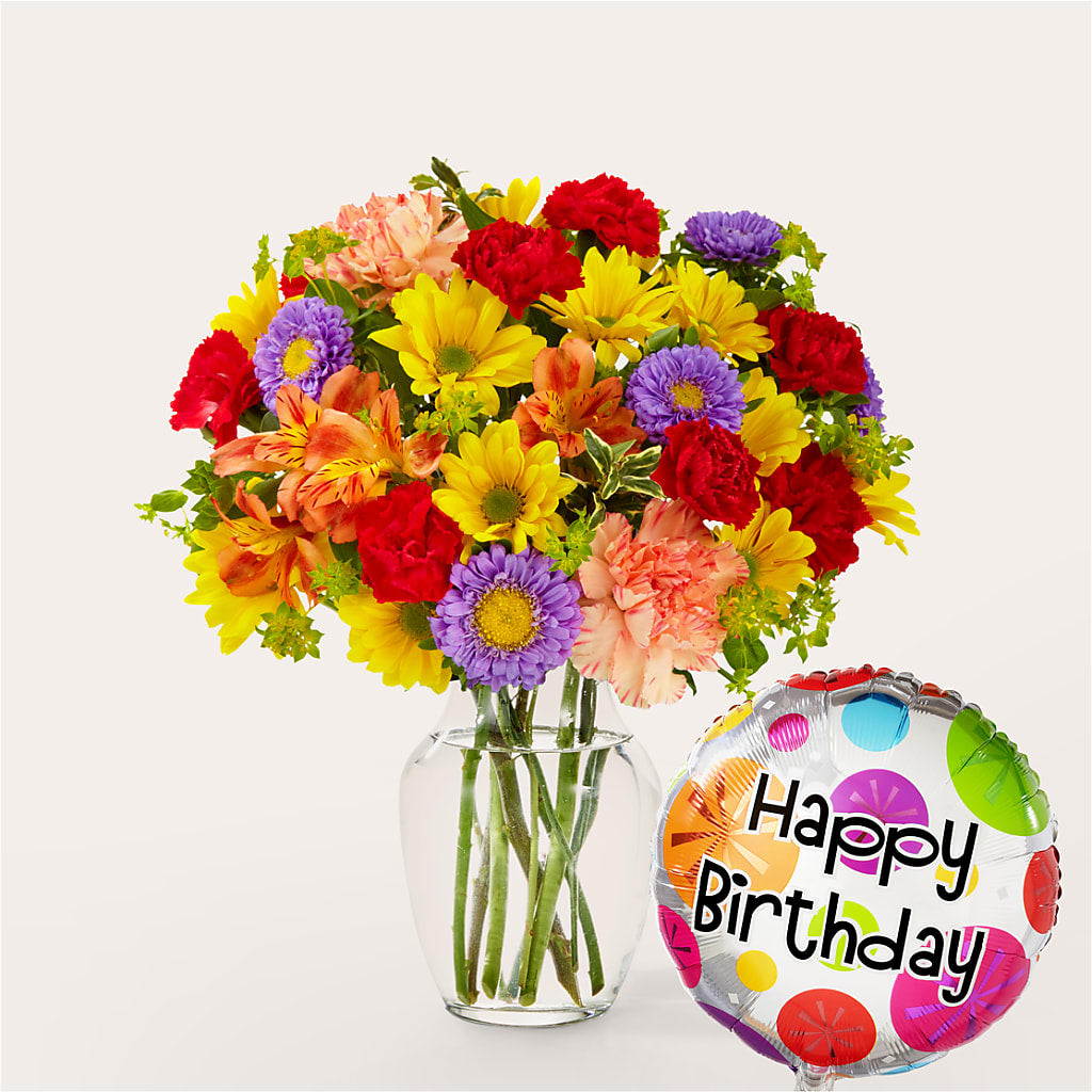 Kaleidoscope Bouquet with Birthday Balloon – Jazmin Flowers, Chicago IL