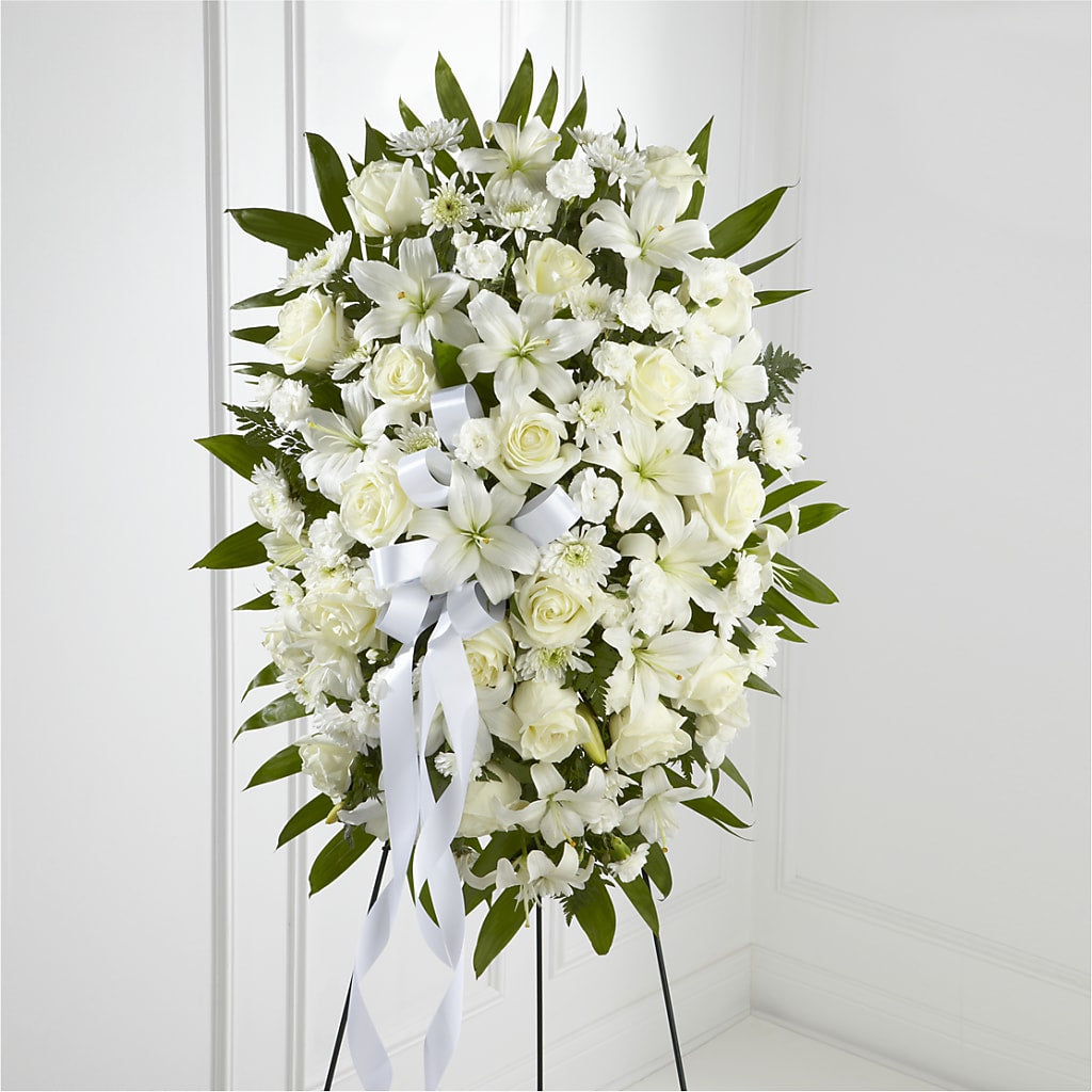 Exquisite Tribute Standing Spray-White Ribbon – Jazmin Flowers, Chicago IL