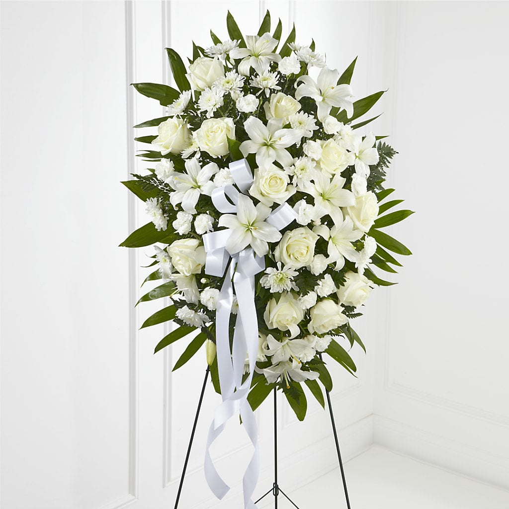 Exquisite Tribute Standing Spray-White Ribbon – Jazmin Flowers, Chicago IL