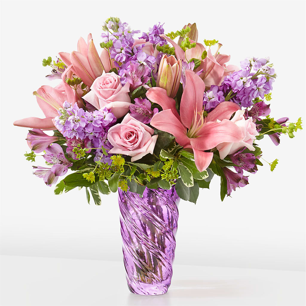 Precious Petals Bouquet with Luxe Swirl Vase – Jazmin Flowers, Chicago IL