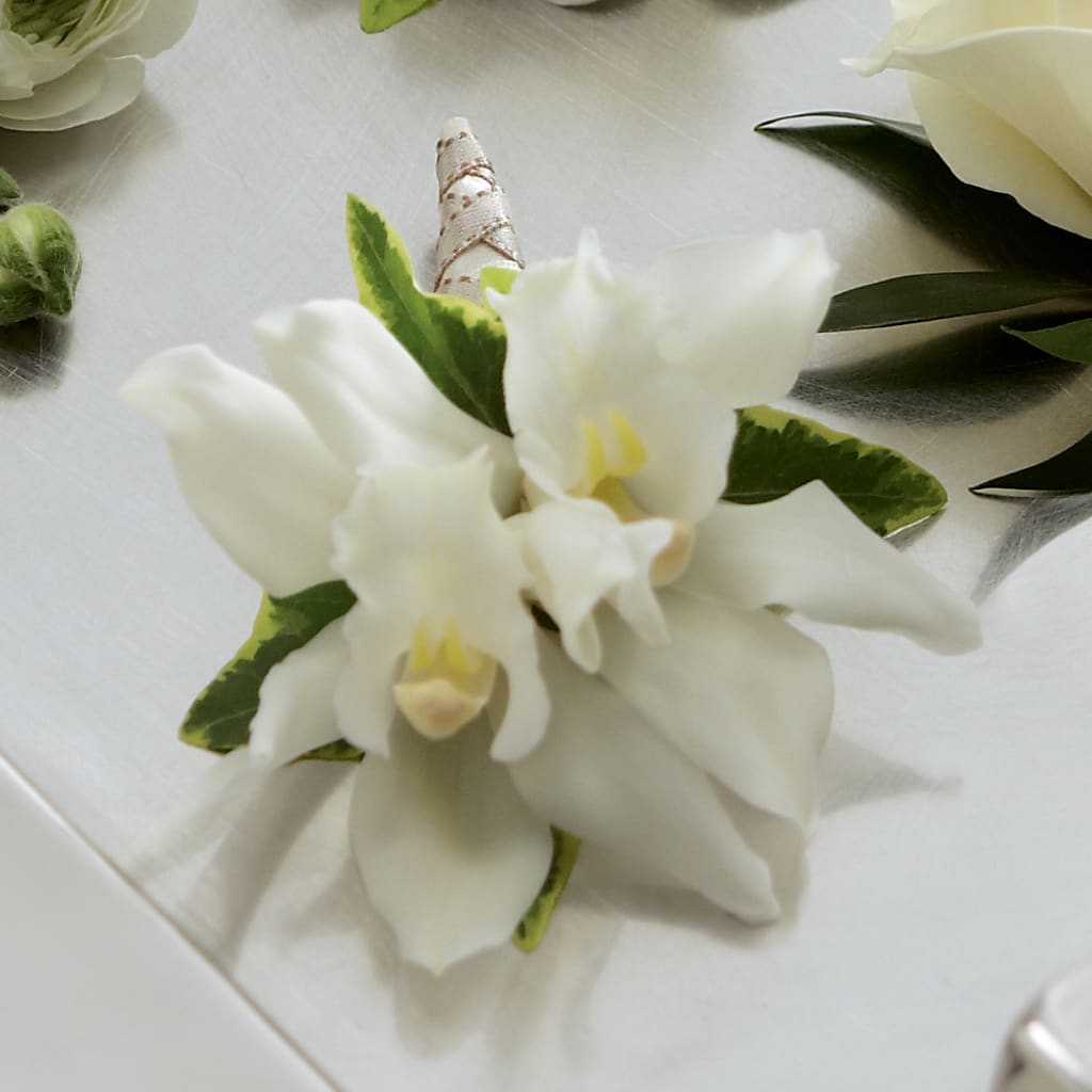 White Mini Cymbidium Boutonniere – Jazmin Flowers, Chicago IL